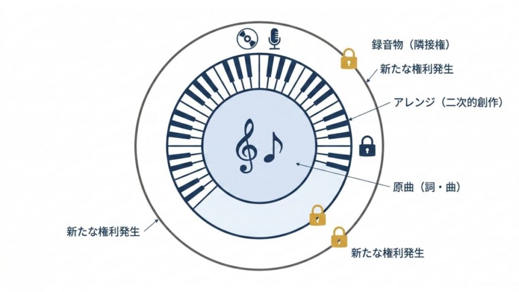 原曲、アレンジ、録音物に発生する著作権と著作隣接権を層で示す図解