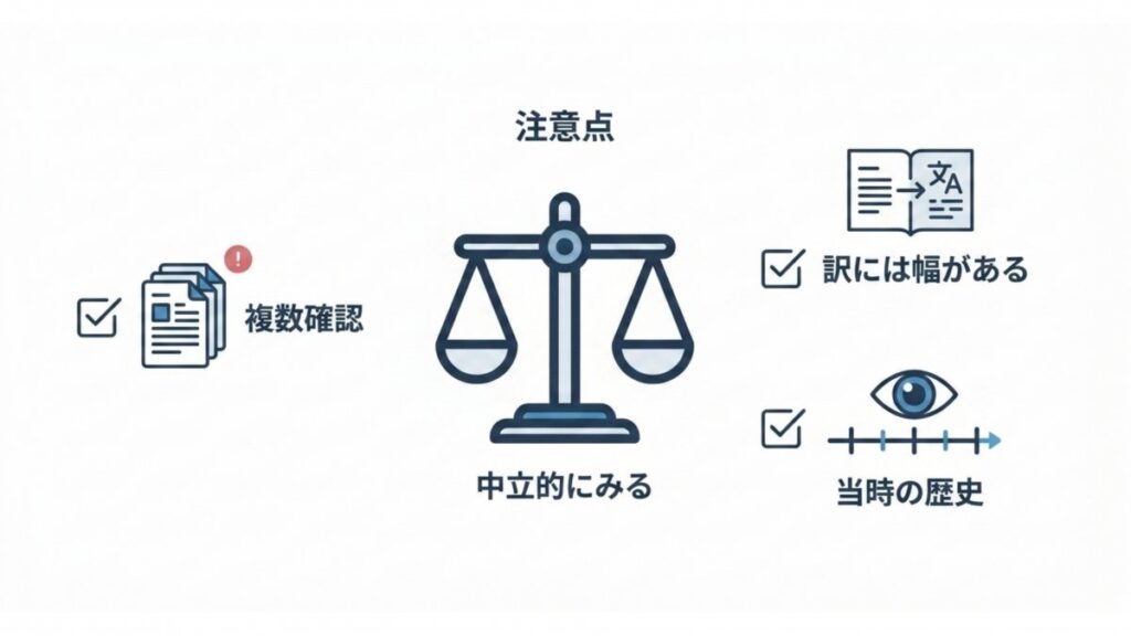 複数確認、訳の幅、当時の歴史を踏まえた注意点の図解