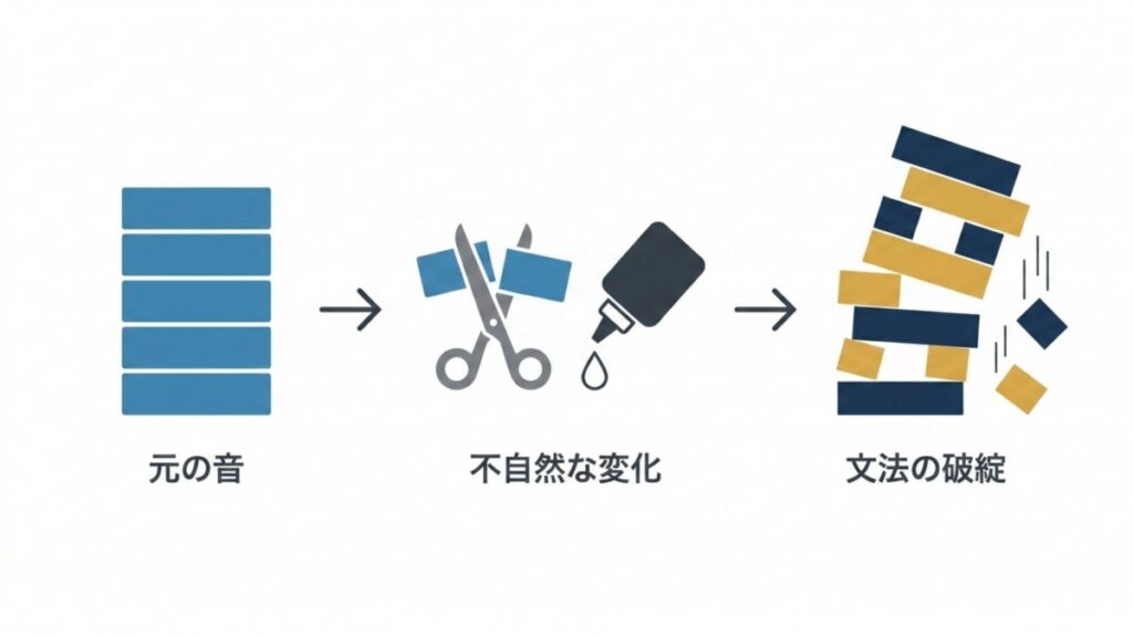 元の音から不自然な変化を経て文法の破綻に至る過程を、はさみと矢印と積み木で示す図解。
