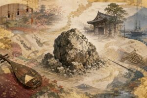 君が代発祥の地の複数の歴史を象徴する和風イラスト