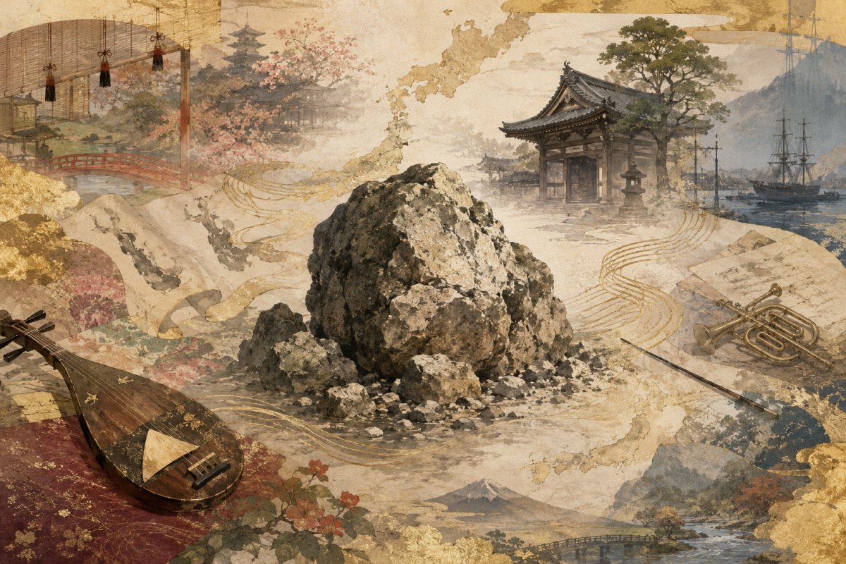 君が代発祥の地の複数の歴史を象徴する和風イラスト