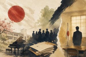 君が代と日教組の対立を象徴する学校式典の和風イラスト