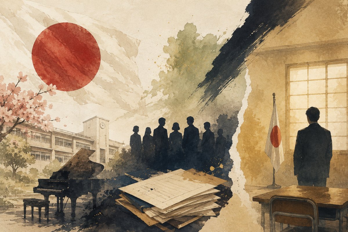 君が代と日教組の対立を象徴する学校式典の和風イラスト