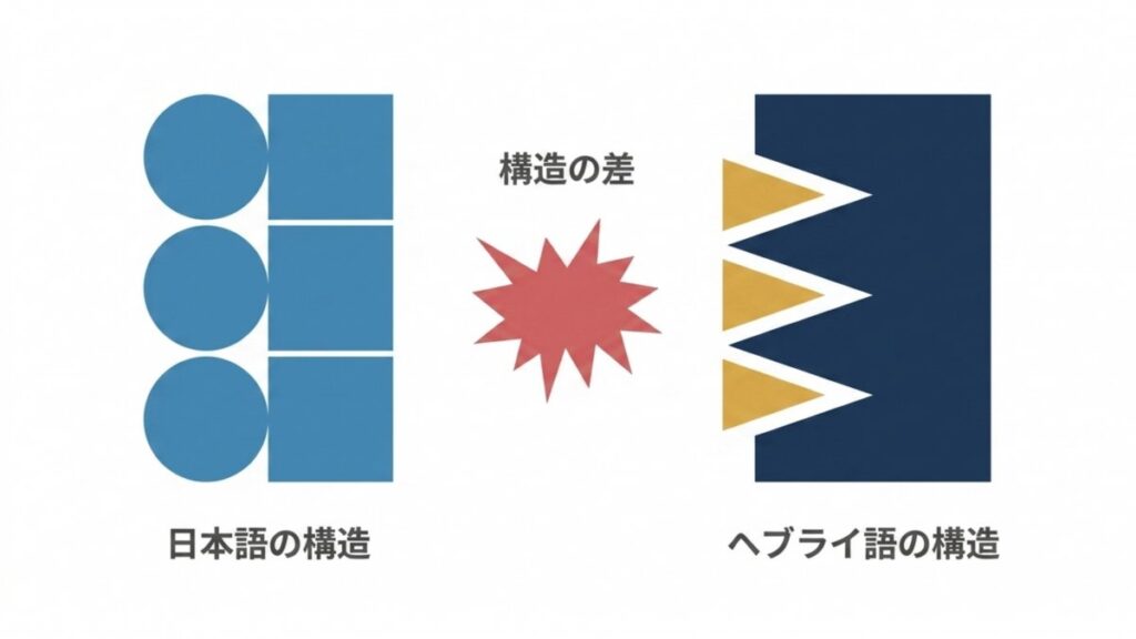 日本語の音節構造とヘブライ語の語根構造を、図形の並びと差異の記号で対比した比較図解。