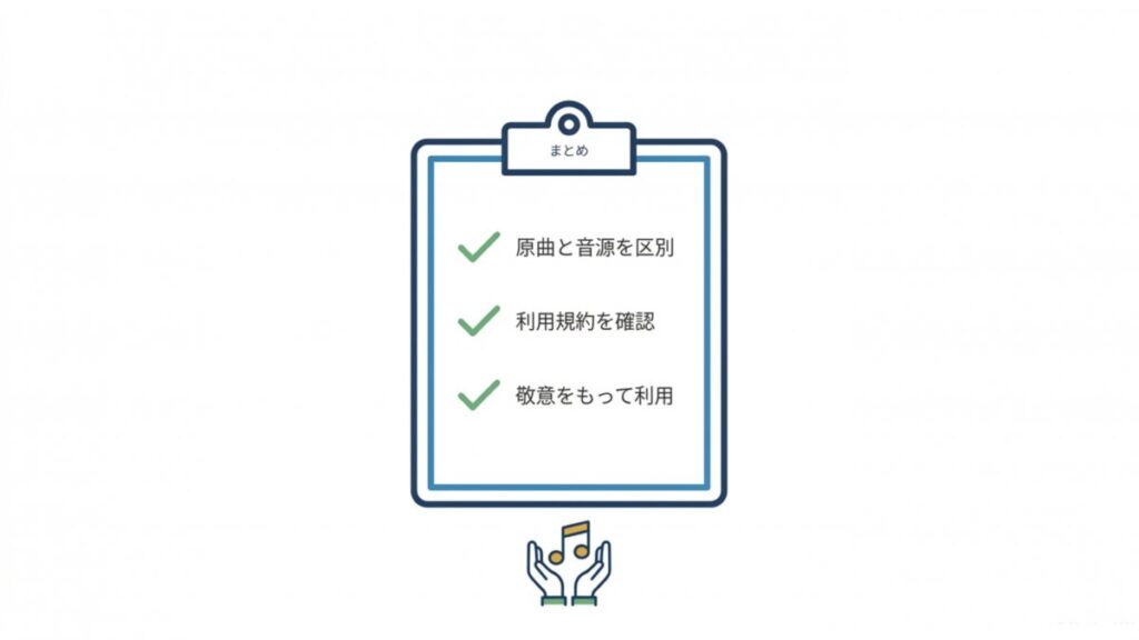 君が代の原曲と音源の区別、利用規約確認、敬意ある利用を並べたチェックリスト