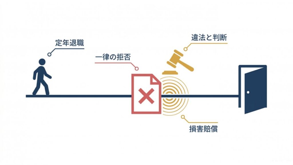 定年退職後の一律拒否と違法判断、損害賠償を示す図解