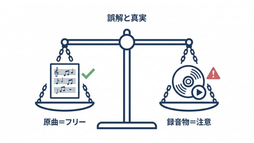 君が代の原曲と録音物を分け、著作権フリーと注意点を比較した天秤の図解
