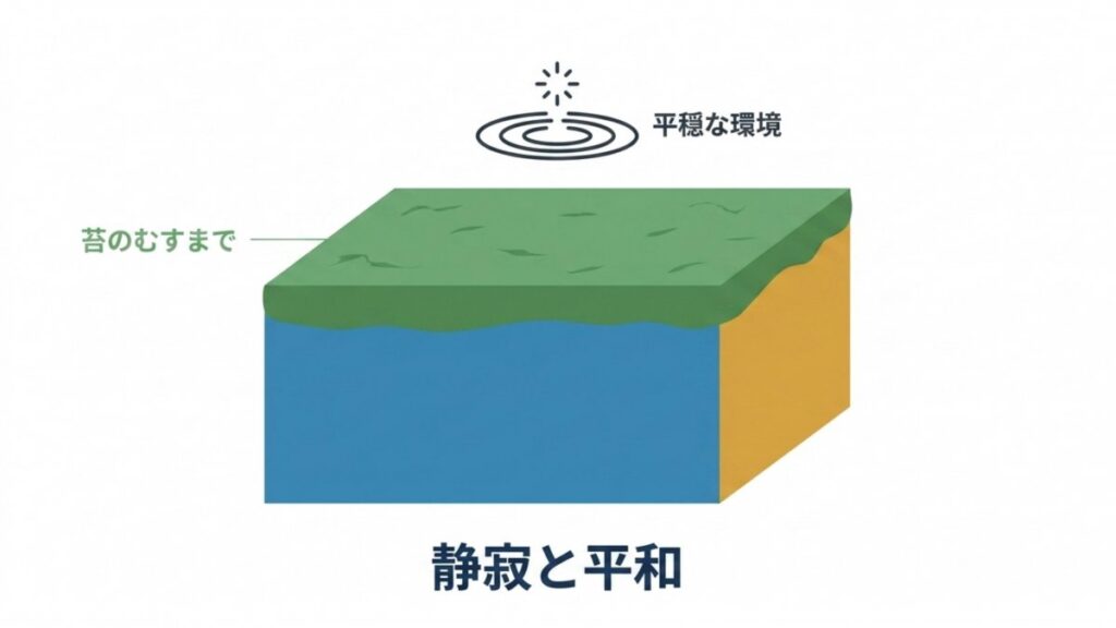 苔のむすまでと平穏な環境を、大きな岩と苔の断面で表した図解