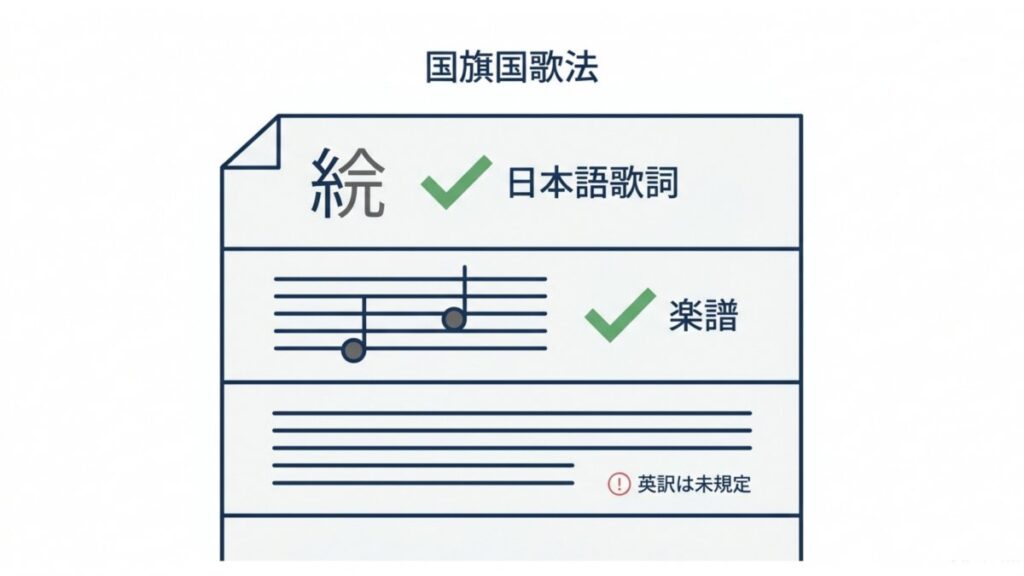 国旗国歌法における日本語歌詞・楽譜と英訳未規定の範囲を示す図解