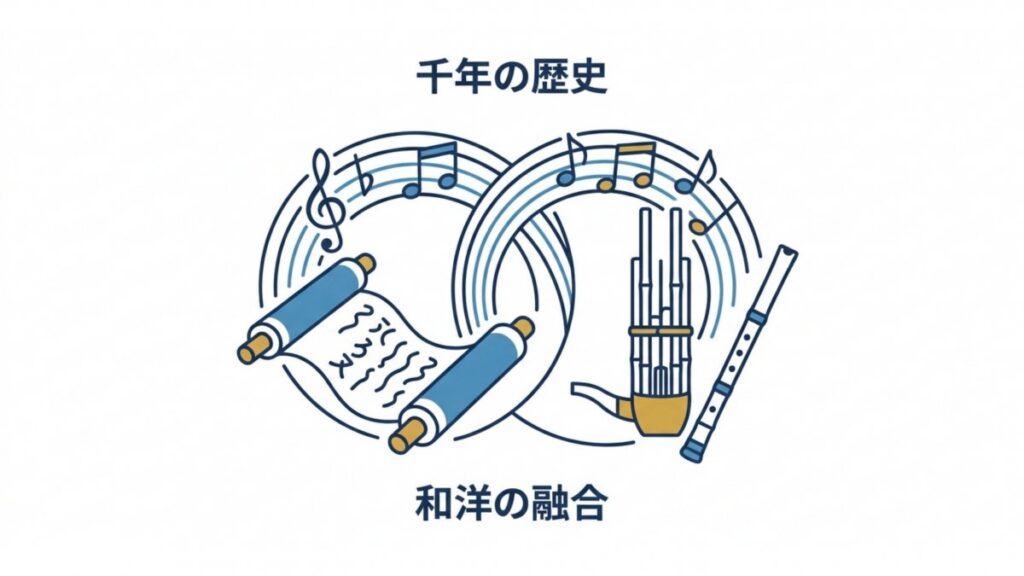 巻物と雅楽器を用いた、千年の歴史と和洋の融合を示す図解