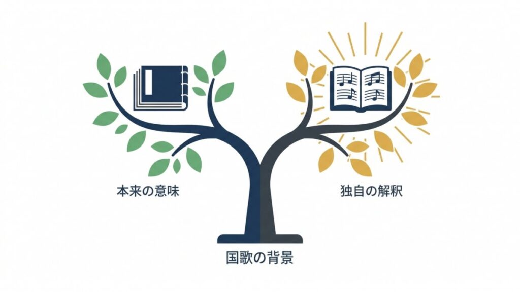 国歌の背景から本来の意味と独自の解釈へ分岐する関係を、書物と楽譜を含む樹形で示す図解。