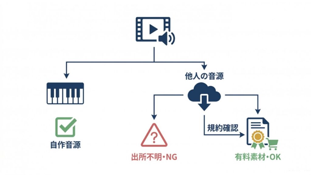 動画音源を自作音源、出所不明、有料素材に分けて利用可否を示すフロー図