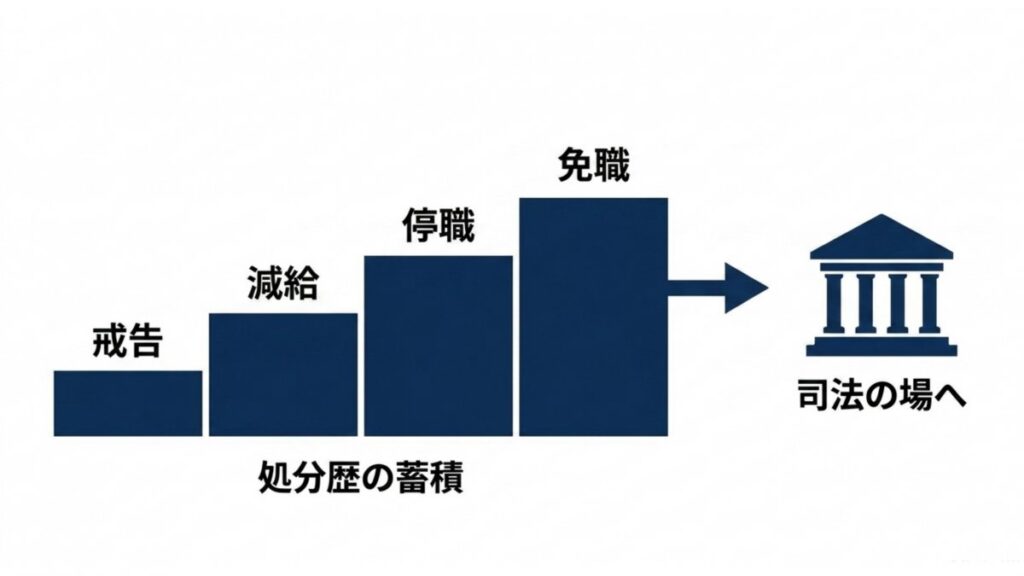戒告から減給・停職・免職へ処分歴が蓄積し、司法の場へ進む流れを棒階段で示す段階図。