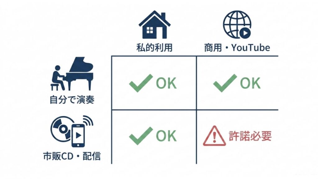 自分で演奏した音源と市販CD・配信音源の私的利用・商用利用を比較した表