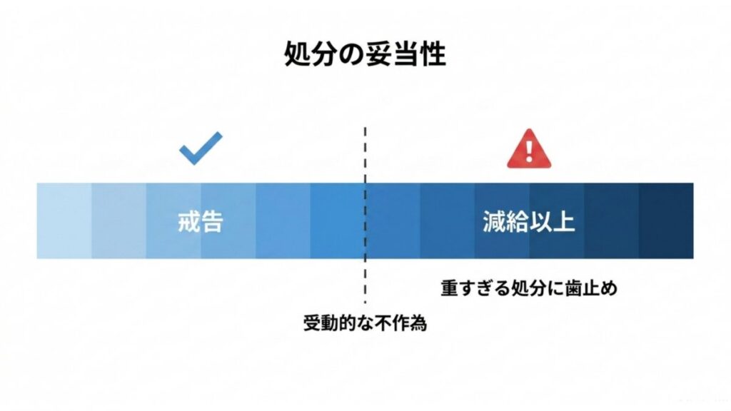 戒告と減給以上を分け、受動的な不作為と重すぎる懲戒処分の境界線を示す横長の評価図。