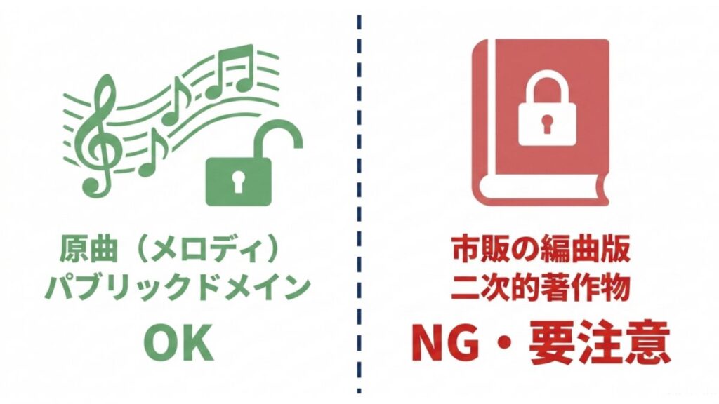 原曲のパブリックドメインと市販編曲版の権利差を示す図解