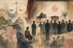 君が代起立斉唱拒否事件をわかりやすく示す学校式典の場面