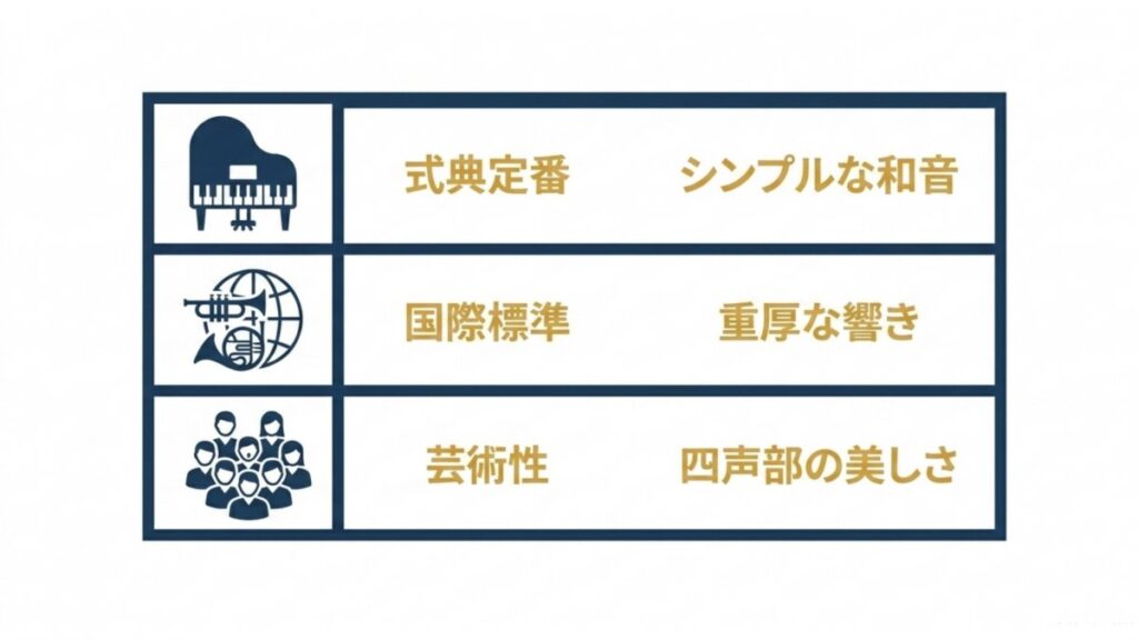 ピアノ伴奏、吹奏楽、混声合唱の特徴を一覧化した比較表