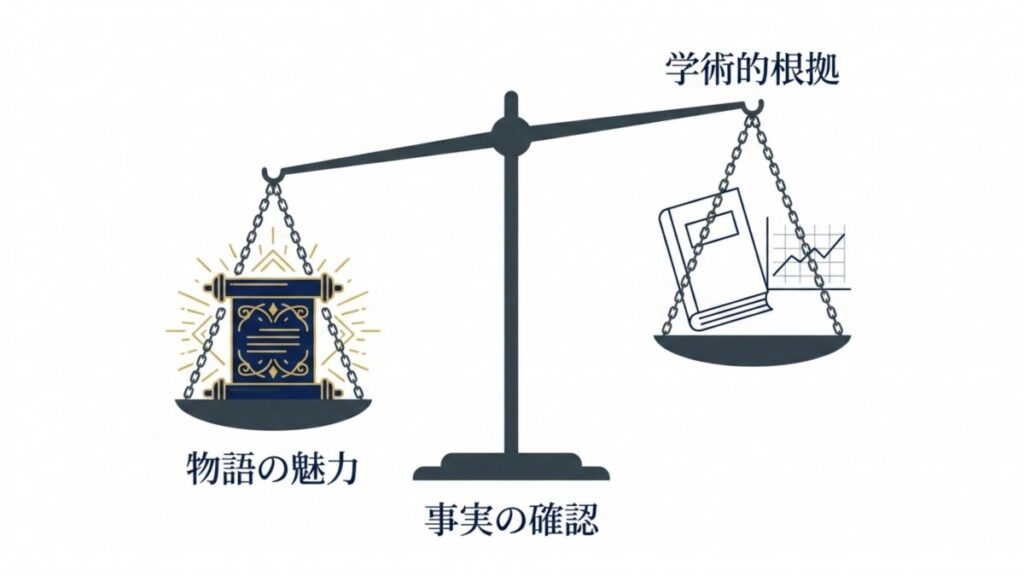 物語の魅力と学術的根拠を天秤に載せ、事実確認との関係を資料とグラフで示す比較図解。