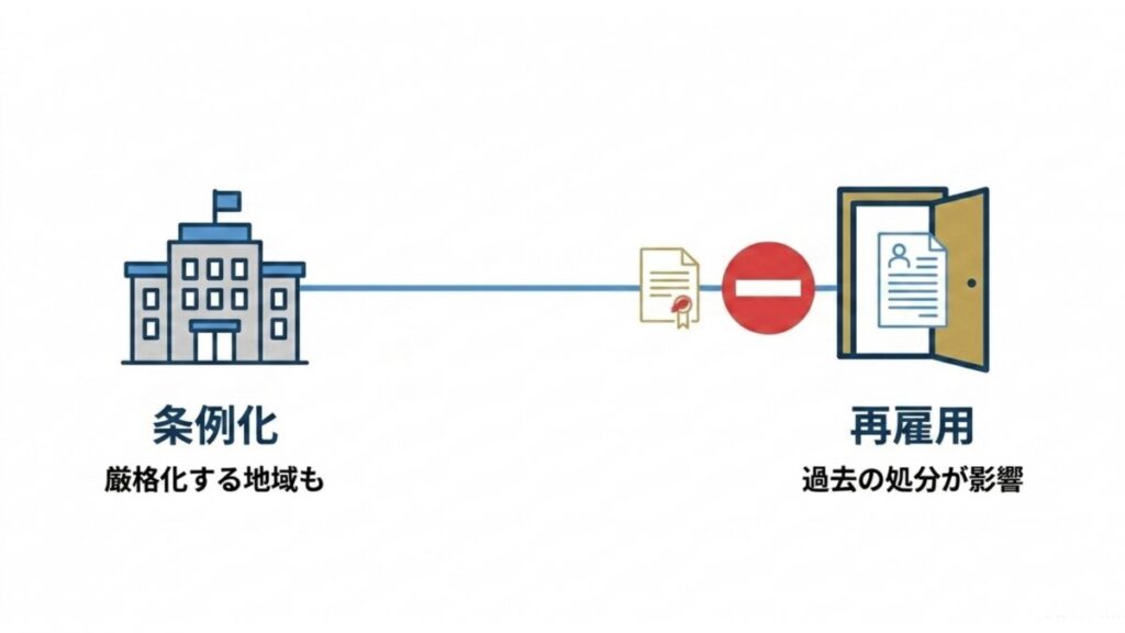 条例化と再雇用拒否を並べ、過去の処分歴が採用判断へ影響する仕組みを左右に示す解説図。