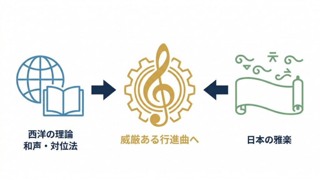 西洋の和声・対位法と日本の雅楽が威厳ある行進曲へ結び付く流れを示す図解