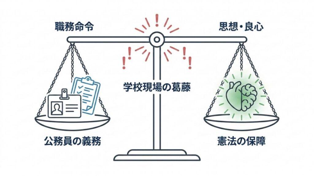 職務命令と思想・良心の自由を天秤で対比し、学校現場の憲法問題を整理した論点図資料