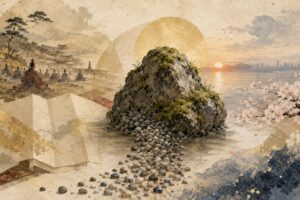 君が代の歌詞の意味をわかりやすく示す苔むした岩と小石の和風画