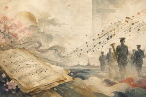 君が代行進曲の歴史を象徴する和風楽譜と軍楽隊の行進イラスト