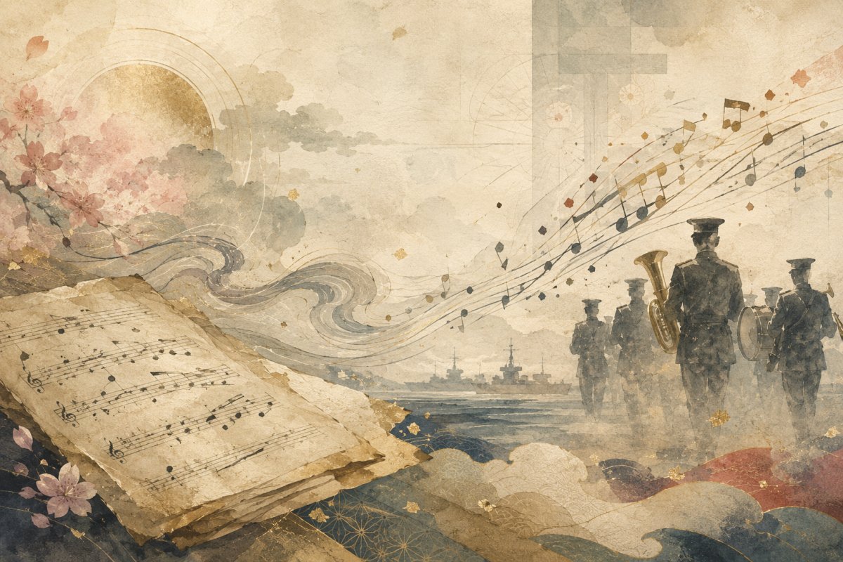 君が代行進曲の歴史を象徴する和風楽譜と軍楽隊の行進イラスト