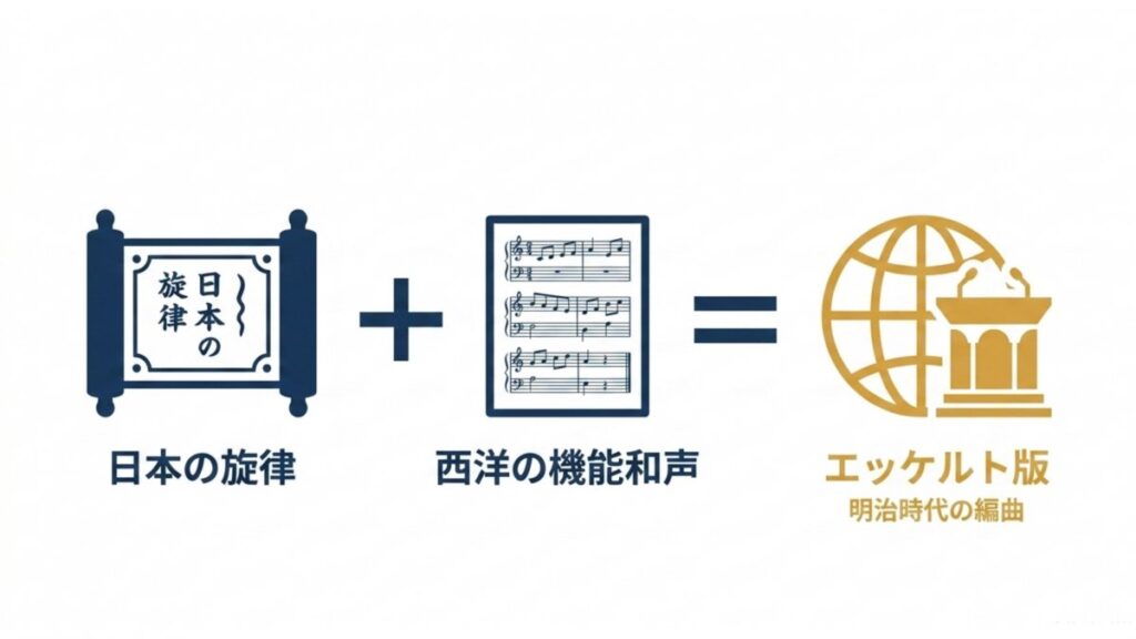 日本の旋律と西洋の機能和声からエッケルト版を示す図解