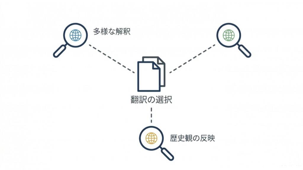 君が代の英訳選択に関わる多様な解釈と歴史観の反映を示す関係図