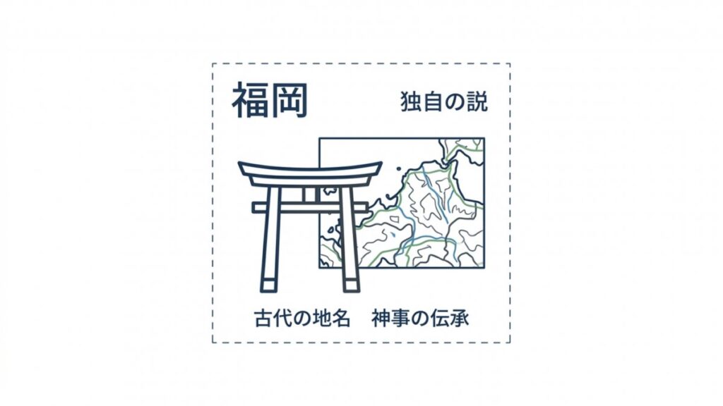福岡の古代地名、神社の伝承、独自説を配置し、君が代との地域的関係を示す解説図