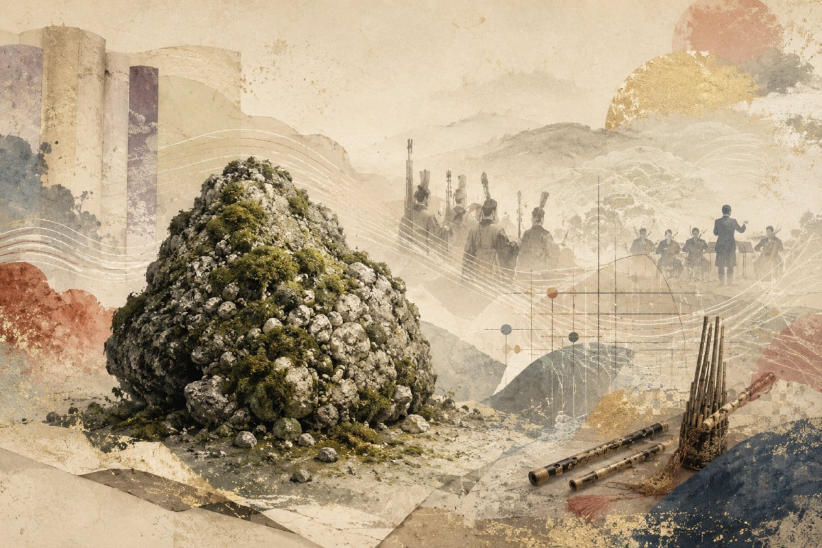 君が代の作者と歴史を象徴する苔むした巌と雅楽の情景
