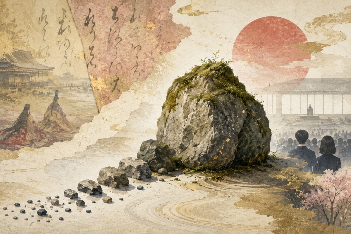 君が代の意味と歴史を象徴する苔むしたさざれ石の和風画